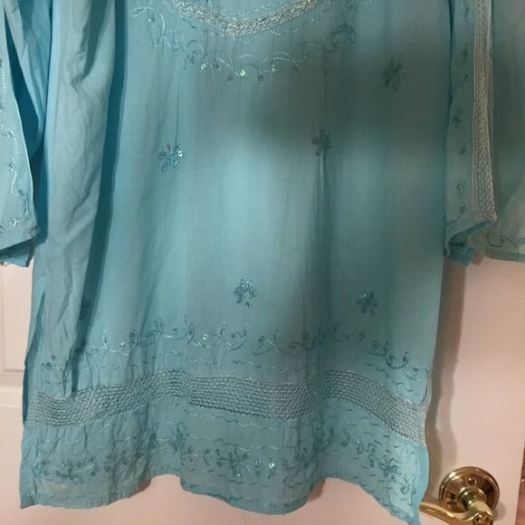 Double Decker Women’s Size Plus Light Turquoise Tunic Top with Embroidery Detail - Picture 4 of 11